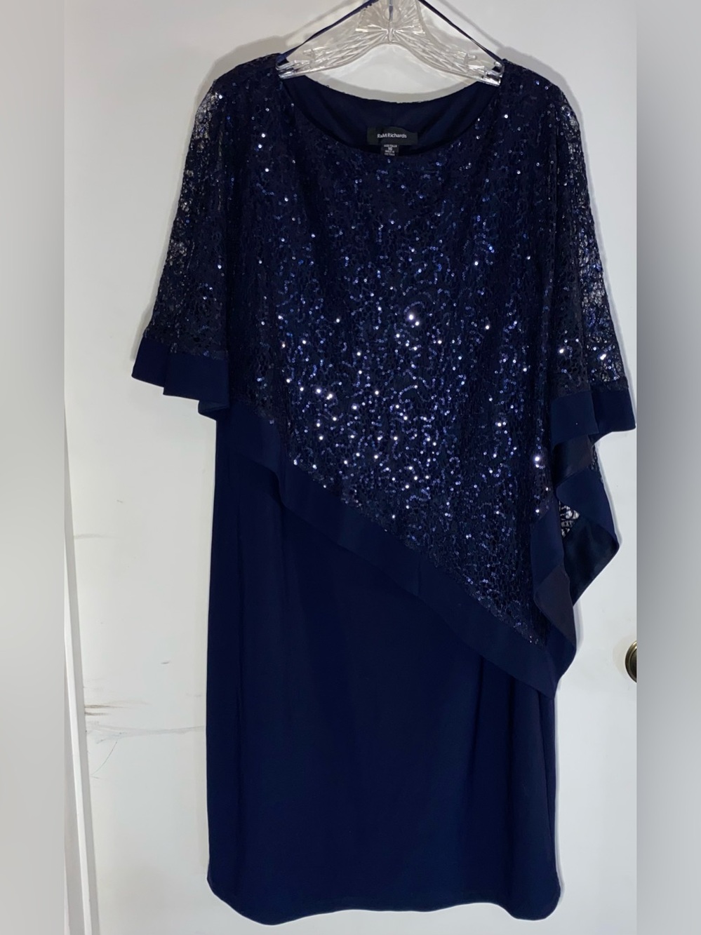 R & M Richards Blue Sequin Cape Midi Mother Of Bride Dress Sleeveless Size 16